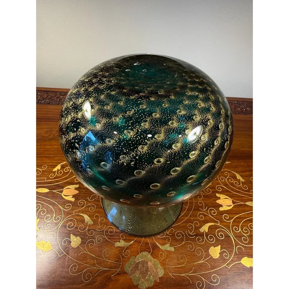 Signed Barbini Murano Art Glass Vase Emerald Green Gold Aventurine Bullicante 7